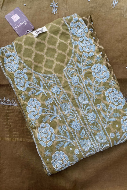 Sheesha Olive Green Ombre Chikankari Kurta & Dupatta