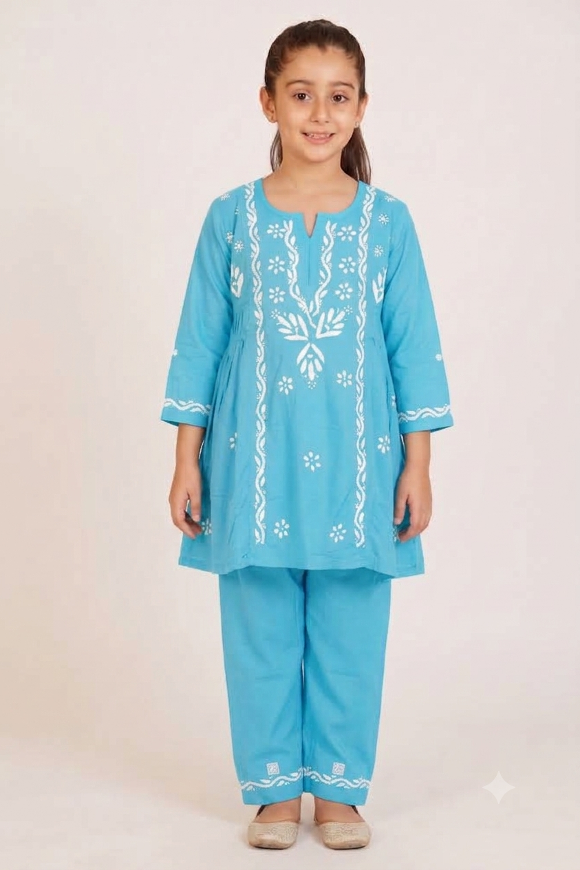 Sky Blue Chikankari Side Pleated Kidswear Set