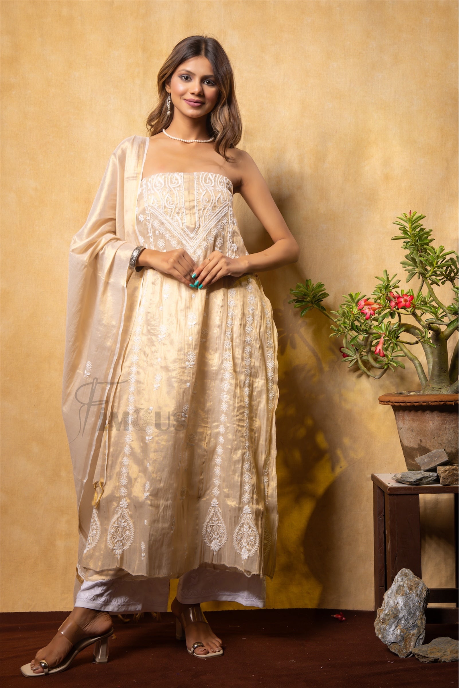 Tussar Gold Chikankari Semi-Stitched Gown With Dupatta