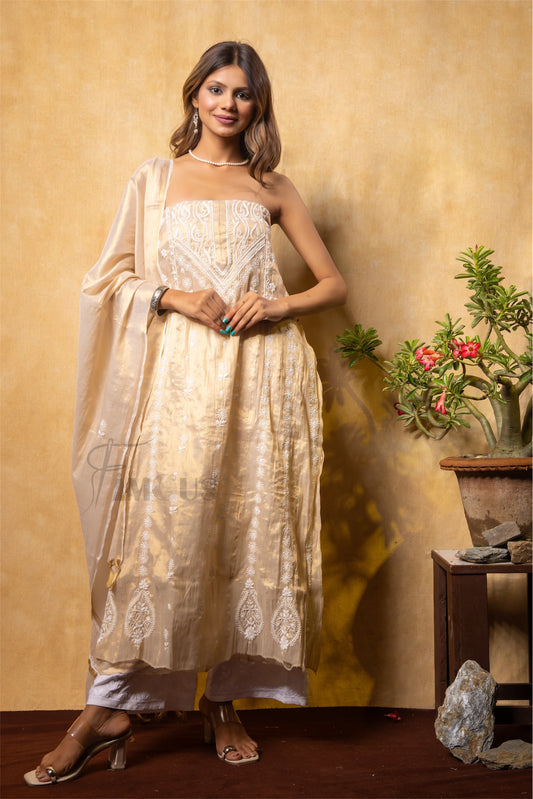 Tussar Gold Chikankari Semi-Stitched Gown With Dupatta