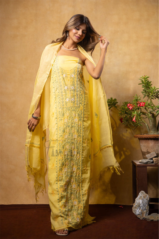Unstitched Lemon Yellow Chikankari & Pearl Work Full Set