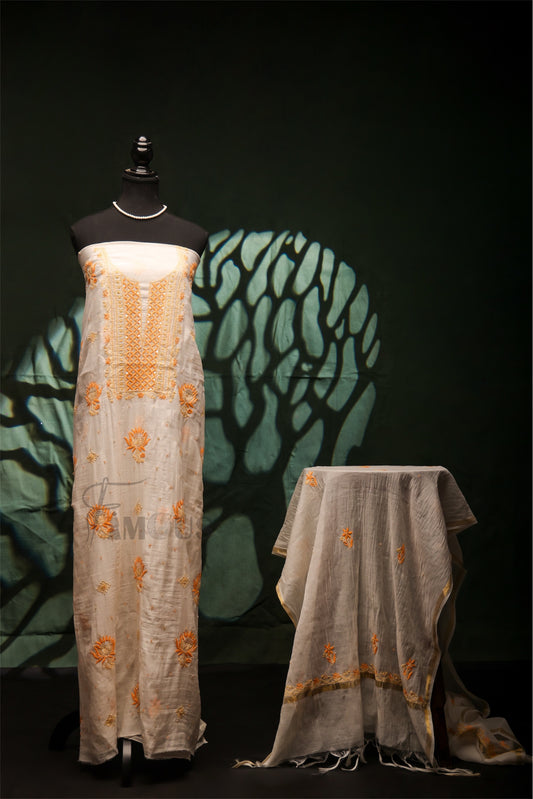 Zunaira Mul Chanderi – Unstitched White & Pastel Chikankari & Pearl Kurta Dupatta Set