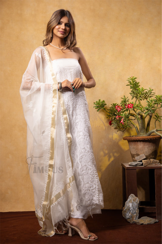 White Chikankari Embroidered Organza Set