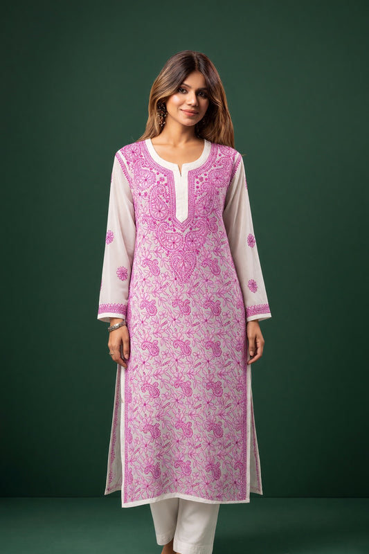 White Resham Jaal Chikankari Long Kurti
