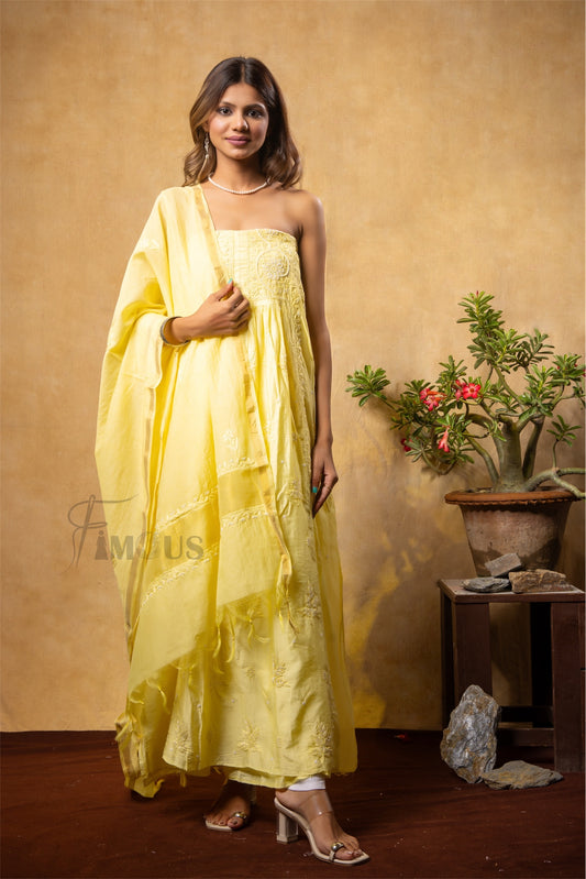 Yellow Elegant Chikankari Semi-Stitched Gown With Dupatta