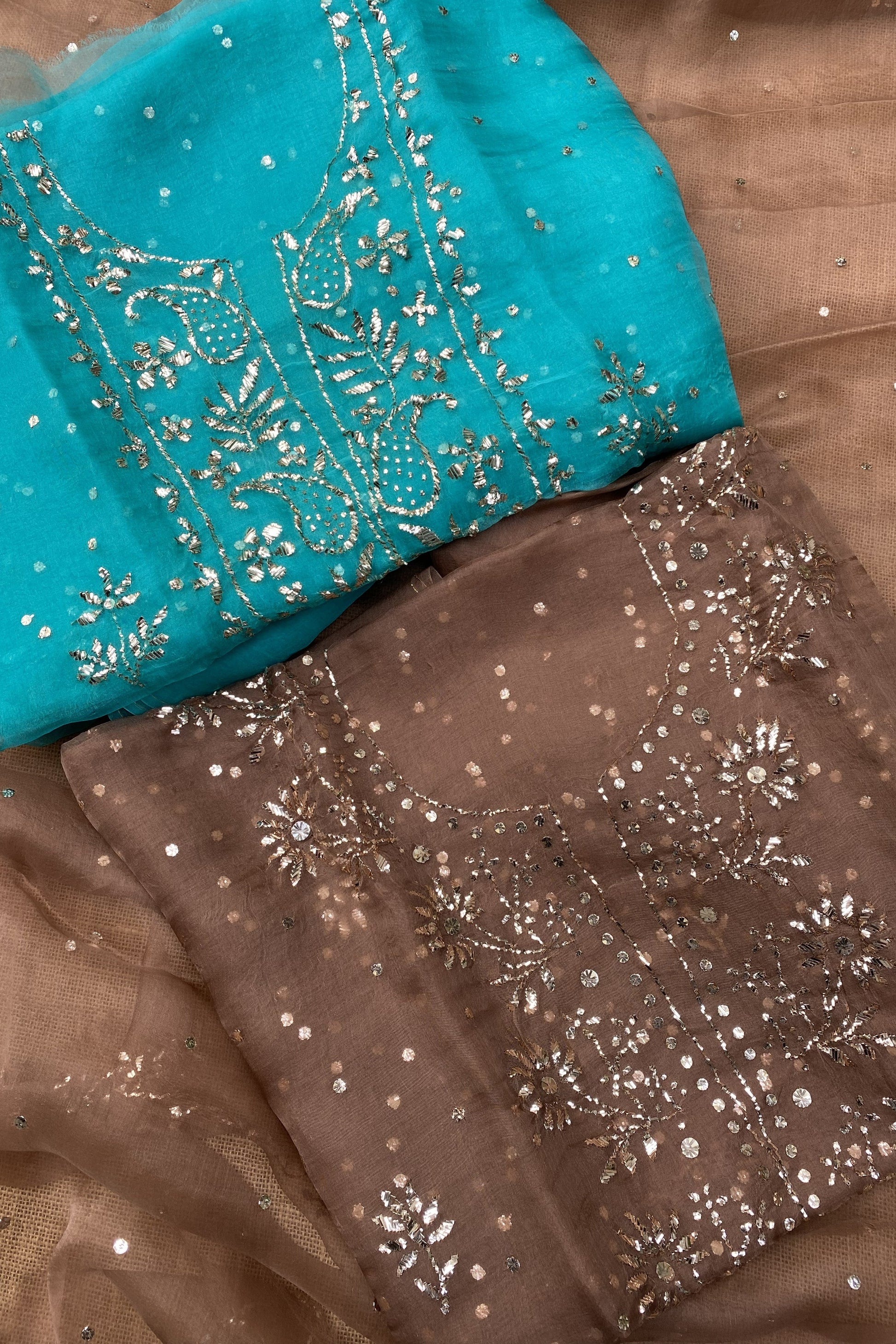 Zarqa-e-Noor – Pure Organza Handcrafted Mukaish Unstitched Suit