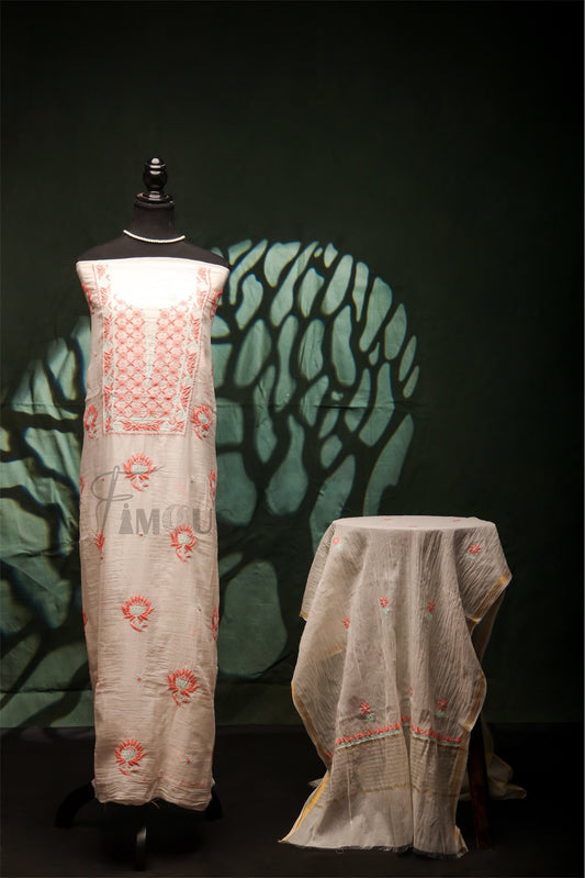 Zunaira Chanderi – Unstitched White & Pastel Chikankari Kurta Dupatta Set