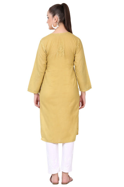Mustard Chikankari Kurti in Mul Cotton - Famous Chikankari
