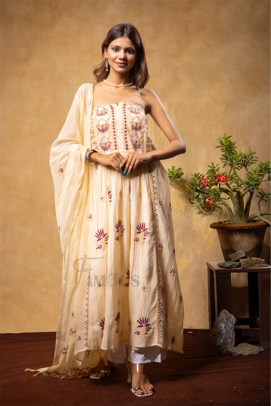 beige mul chanderi gown dupatta set