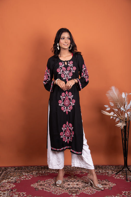 Black Chikankari Long Kurti with pink embroidery