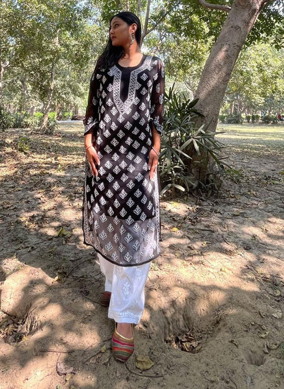 Black Chikankari Buty Jaal Kurti - Famous Chikankari