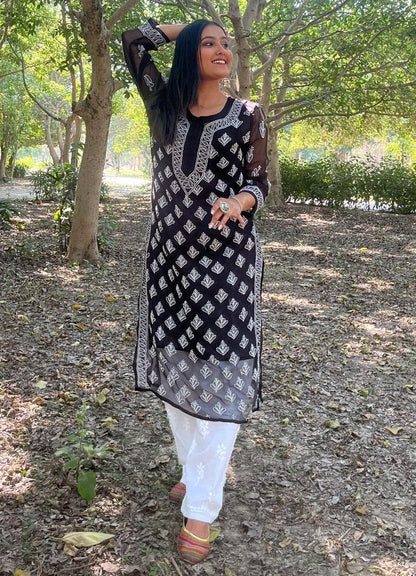 Black Chikankari Buty Jaal Kurti - Famous Chikankari