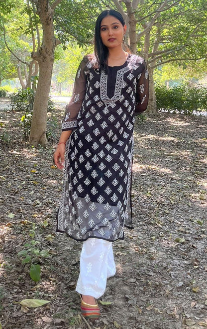 Black Chikankari Buty Jaal Kurti - Famous Chikankari