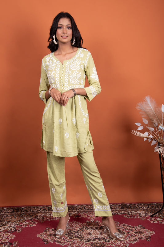 Anisa Chikankari Hand-Embroidered Green Rayon Co-ord Set