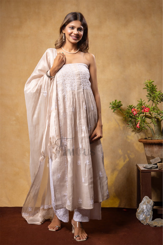tissue gown dupatta in chikankari