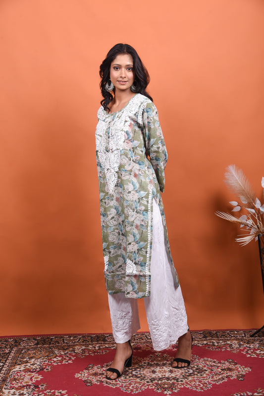 Chikankari long kurti in Mulmul Print