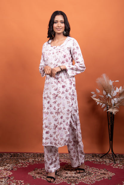 chikankari kurti plazo set in mulmul prints
