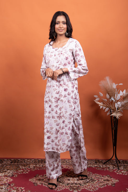 chikankari kurti plazo set in mulmul prints