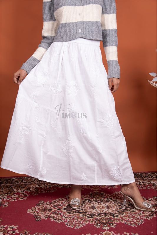 chikankari long skirt in white mulmul cotton