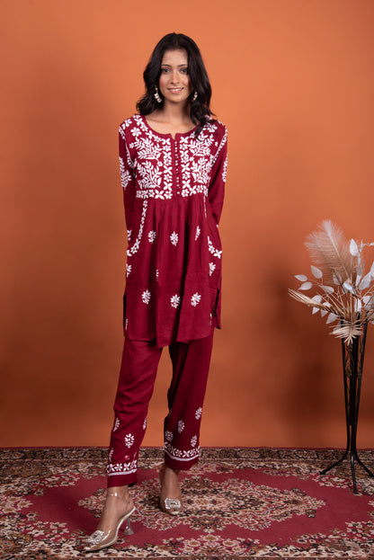 Chikankari Hand-Embroidered Maroon Rayon Co-ord Set