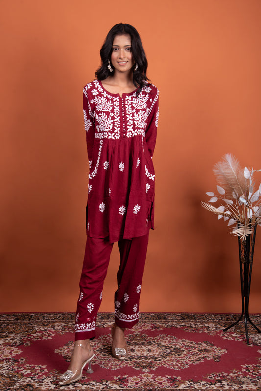 Chikankari Hand-Embroidered Maroon Rayon Co-ord Set