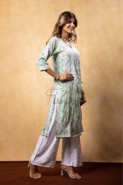 green chikankari long kurti in modal