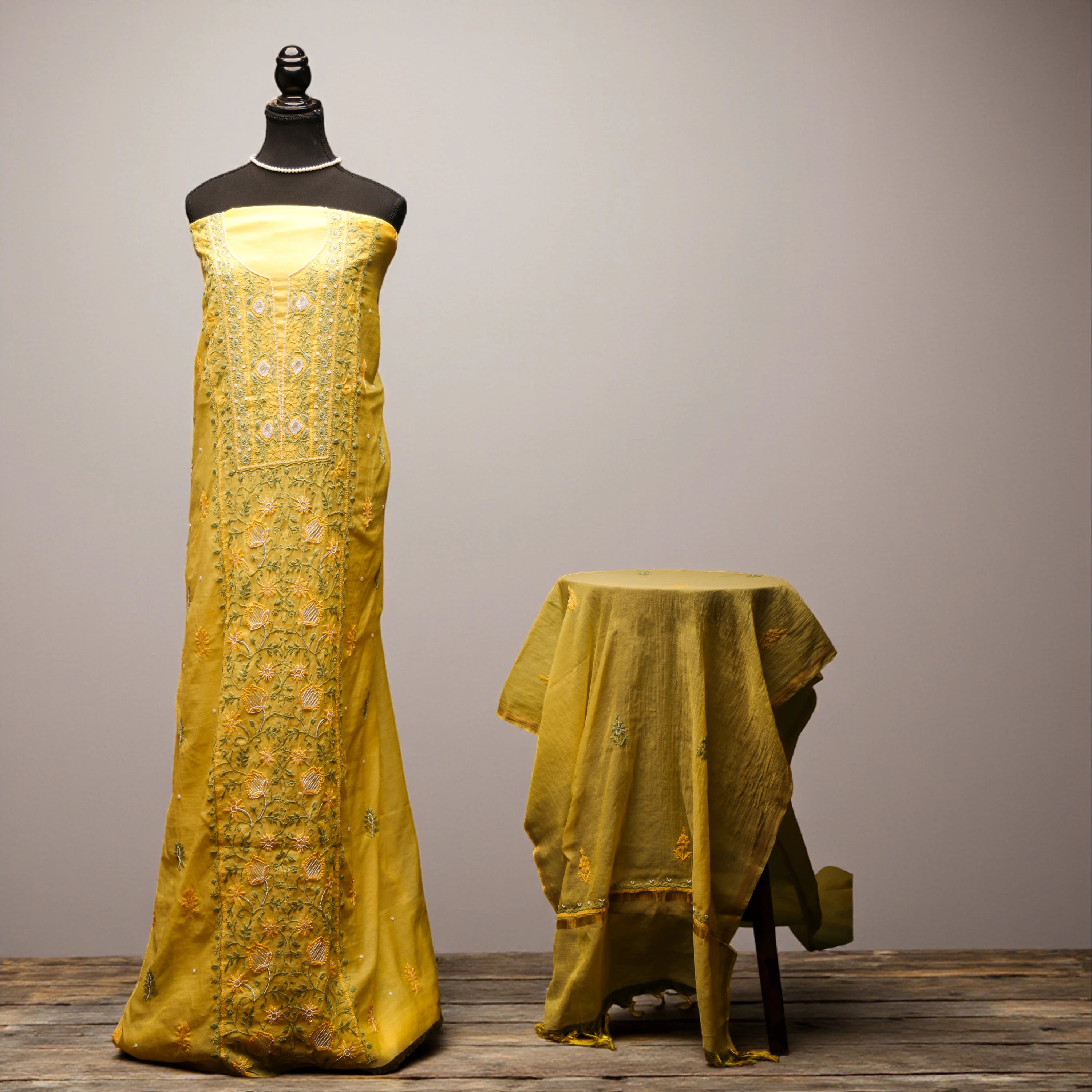 yellow chikankari mulchanderi unstiched suits