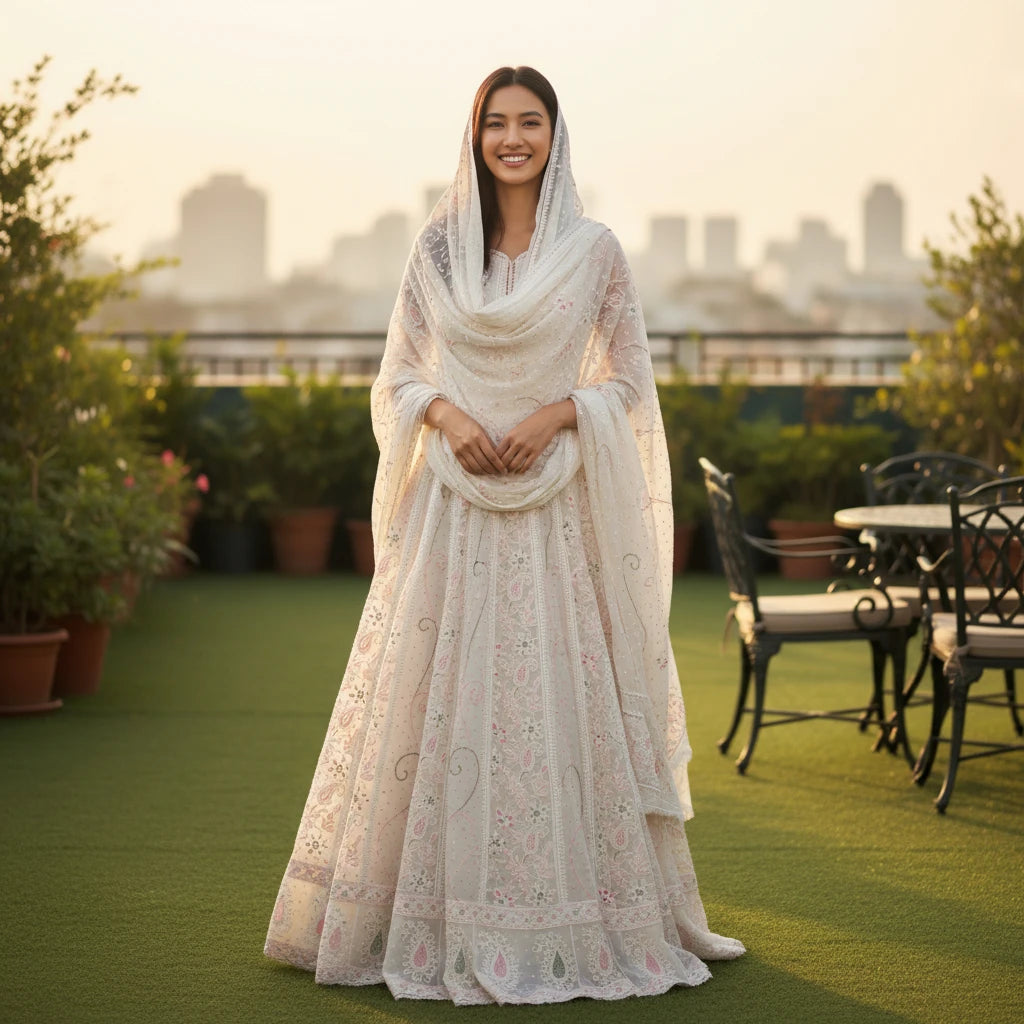 Woman in a white traditional outfit standing on a rooftop with cityscape in the background