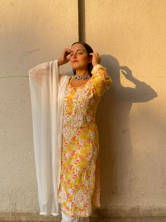 Modal Print Chikankari Straight Long Kurti - Famous Chikankari
