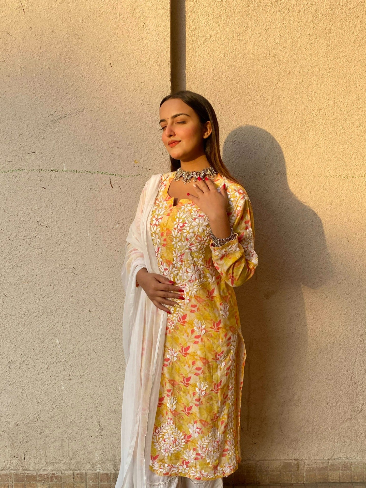 Modal Print Chikankari Straight Long Kurti