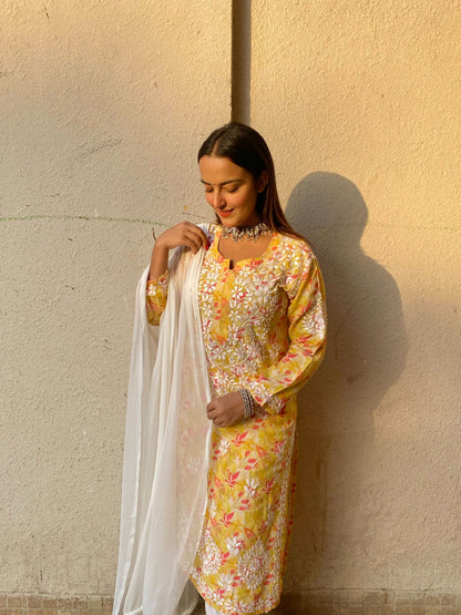 Modal Print Chikankari Straight Long Kurti - Famous Chikankari