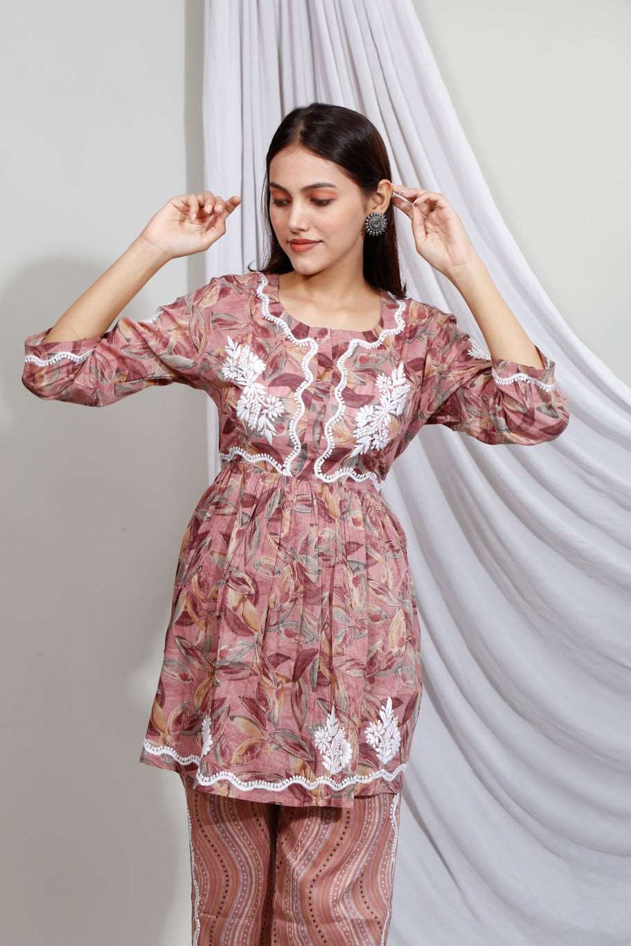 Maheen Chikankari Mulmul Prints Cord-Sets(Deep Coffee)
