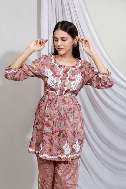 Maheen Chikankari Mulmul Prints Cord-Sets(Deep Coffee)