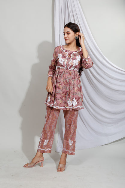 Maheen Chikankari Mulmul Prints Cord-Sets(Deep Coffee)
