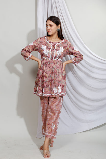 Maheen Chikankari Mulmul Prints Cord-Sets(Deep Coffee)