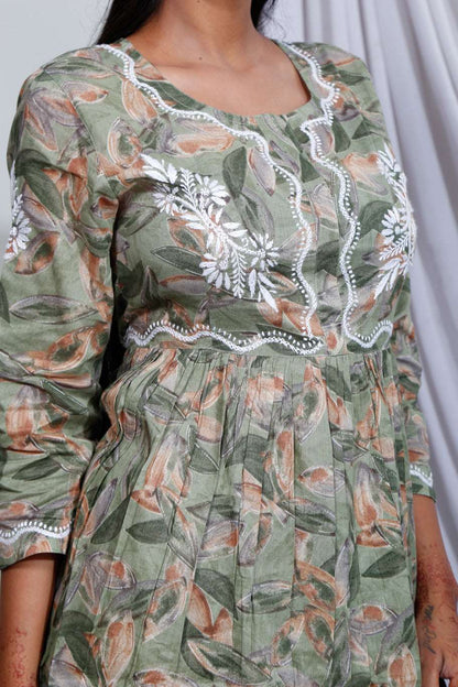 Maheen Chikankari Mulmul Prints Cord-Sets(Olive Green)