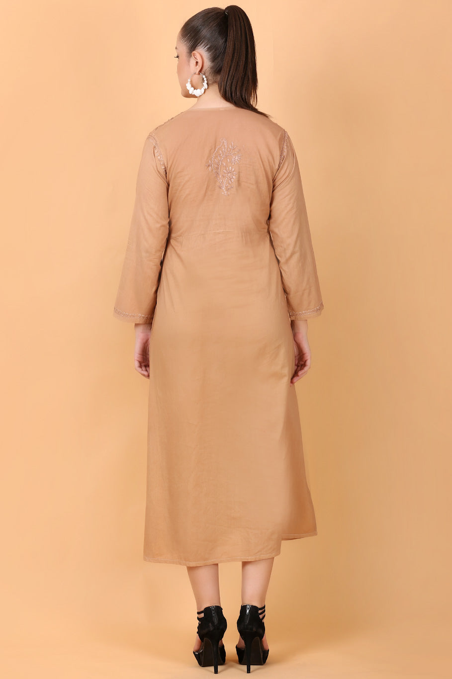 Haniya Chiknkari mulmul pocket style gown(Caramel Brown)