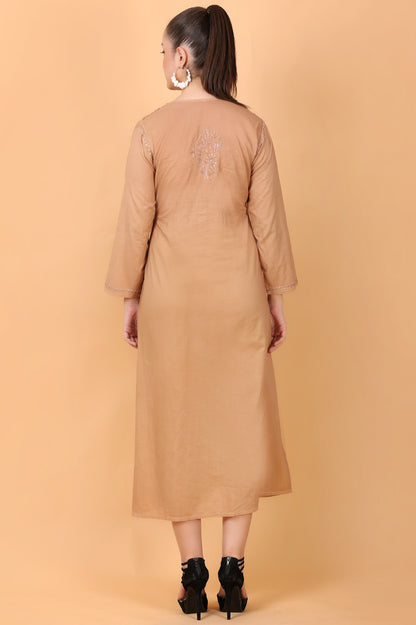 Haniya Chiknkari mulmul pocket style gown(Caramel Brown)