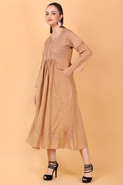 Haniya Chiknkari mulmul pocket style gown(Caramel Brown)