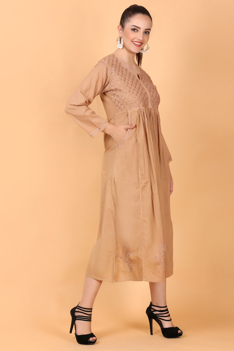 Haniya Chiknkari mulmul pocket style gown(Caramel Brown)