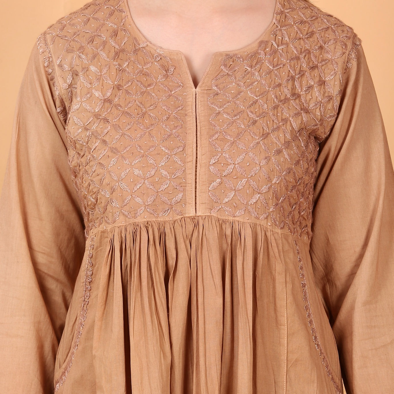 Dark Beige Chikankari Gown Pocket Style