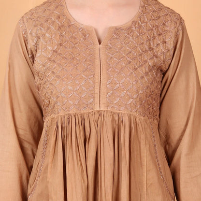 Dark Beige Chikankari Gown Pocket Style - Famous Chikankari