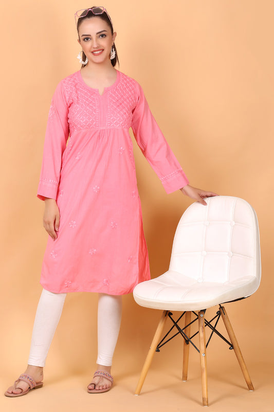 Maryam Chikankari Soft Mulmul Side Pocket Kurta(Georgia Peach)