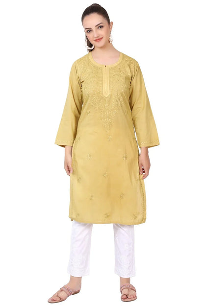 Mustard Chikankari Kurti in Mul Cotton - Famous Chikankari