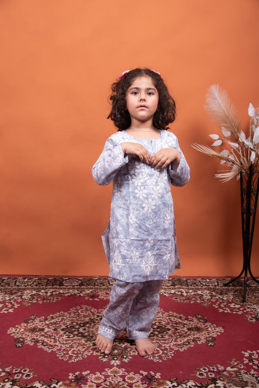 grey chikankari kids dress in soft mulmul cotton 