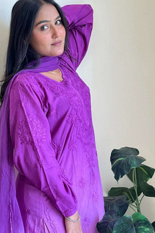 Karizma Modal Chikankari Stiched Set(Purple)