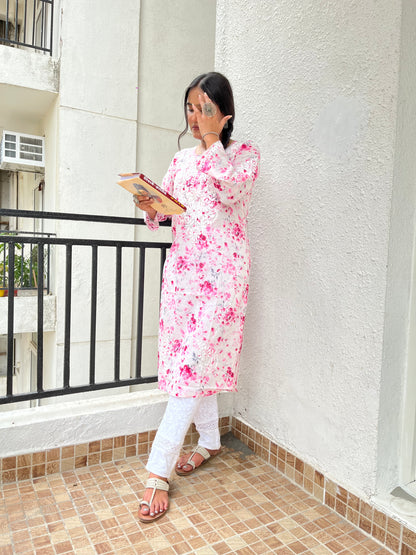 Suhana Chikankari Mulmul Print Kurti(Dark Pink)