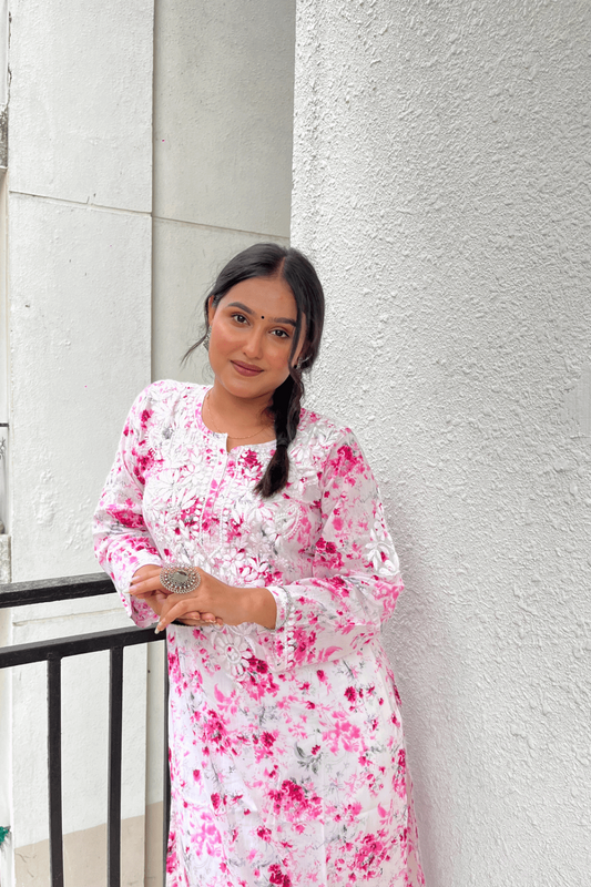 Suhana Chikankari Mulmul Print Kurti(Dark Pink)
