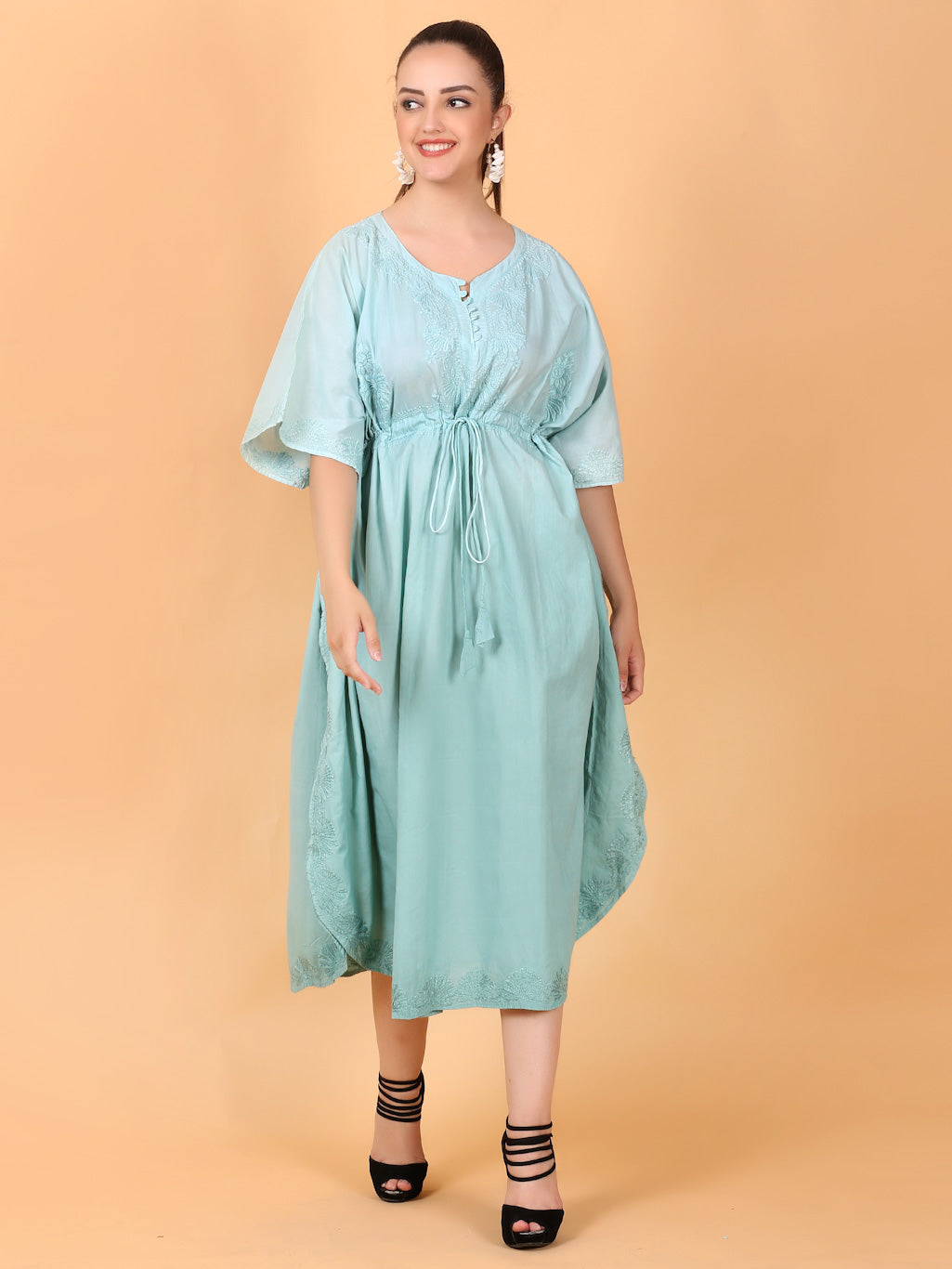 Products Aahista Soft Mulmul Chikankari Kaftan(Aqua Pearl)