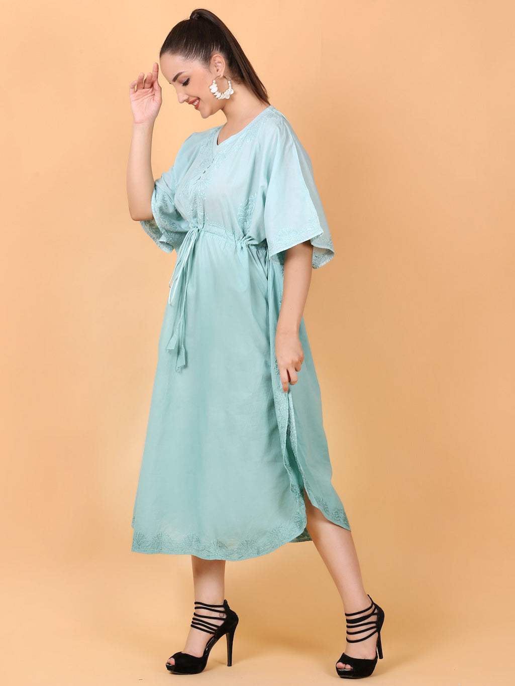 Products Aahista Soft Mulmul Chikankari Kaftan(Aqua Pearl)